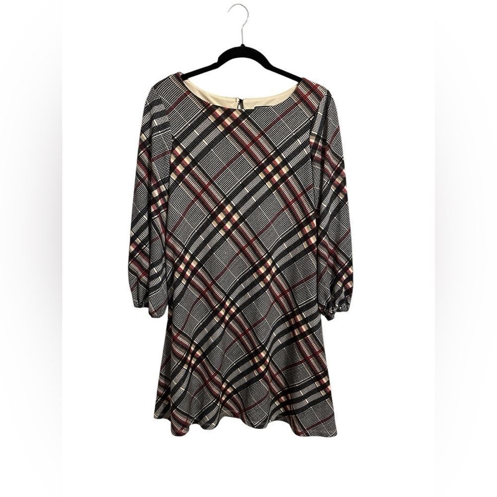 Jessica Howard Plaid A-line Dress Bishop Sleeves Gray Red Medium Church Career